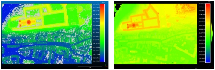 Digitales Oberflächenmodell aus der Stereo-Bildzuordnung (links) und aus der Laserpunktwolke (rechts); Maßstab in Meter