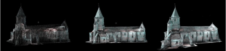 resampled models of a point cloud with about 11 million points. Left: resampling ratio=1%; middle: resampling ratio=10%; right: original point cloud. The point cloud represent Chappes Cathedral, courtesy of Prof. Peter Allen, Columbia University Robotics Lab, scanned by Alejandro Troccoli and Matei Ciocarlie.