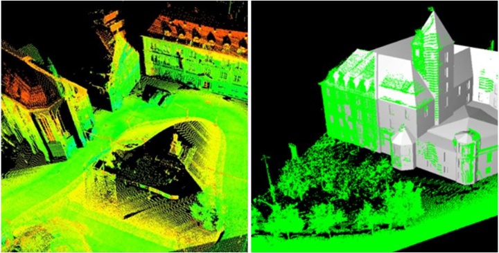 Point cloud from terrestrial mobile mapping (left), result of reconstructed building façade with point cloud overlaid