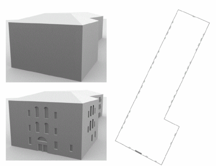 The Central Administrative Building of the University of Stuttgart: 3D model before and after façade reconstruction (left); 2D map of the ground floor (right)