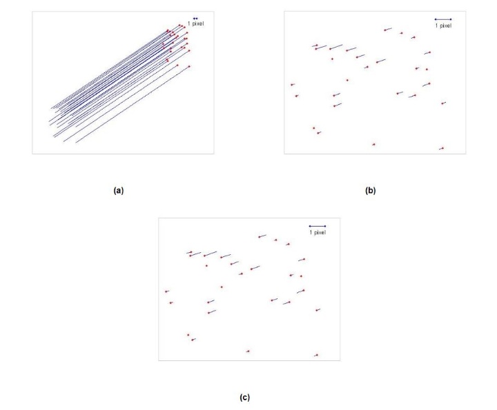 Figure 2. Relative pointing error of QuickBird data: (a) before orientation (b) relative bias-compensated method (c) global relative pointing error correction